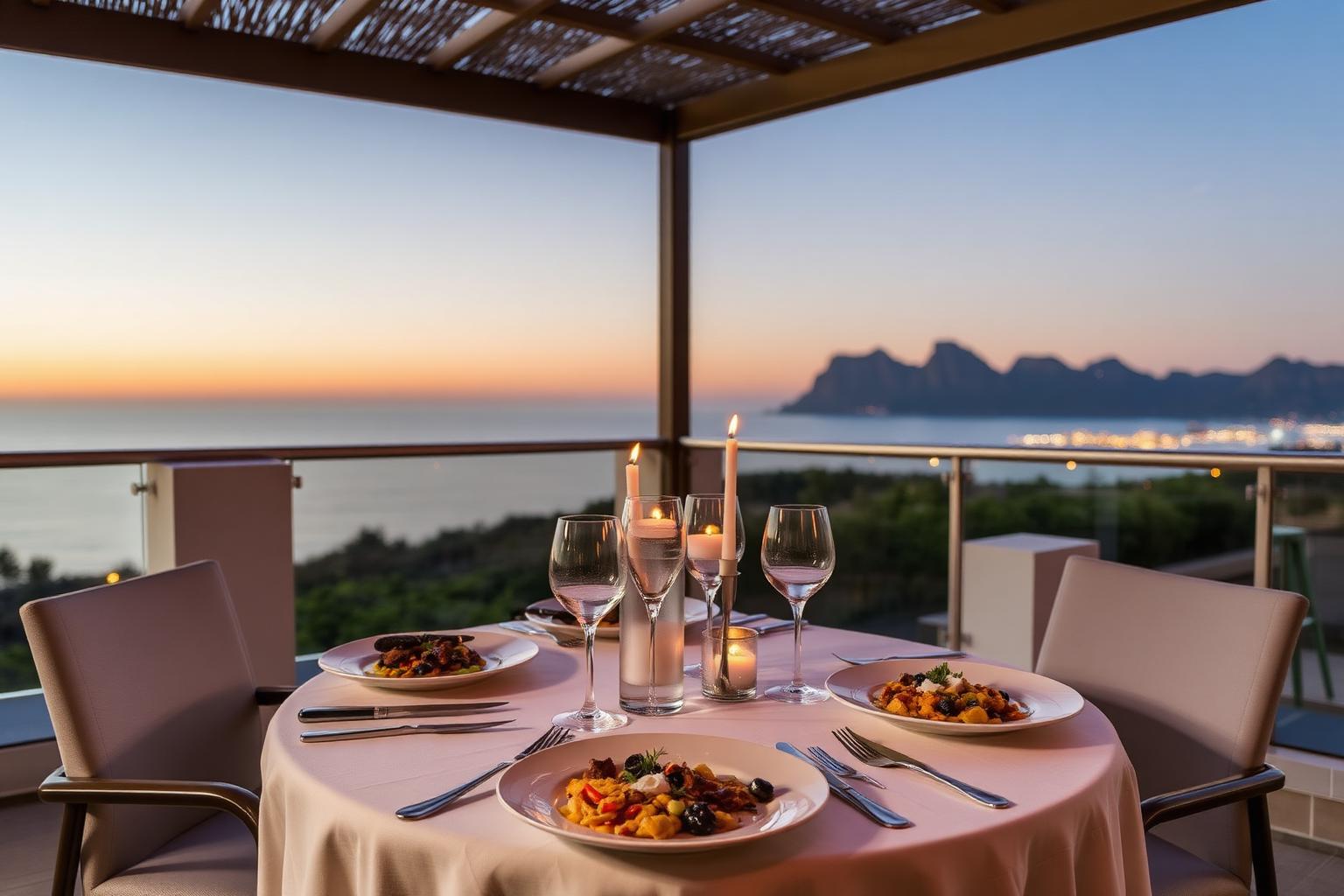 Fine dining table set for guests at a Cape Town restaurant at sunset