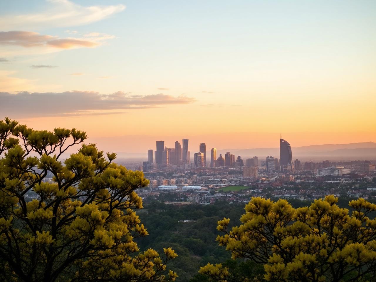 Johannesburg skyline at golden hour seen from the Westcliff ridge with jacarandas in bloom
