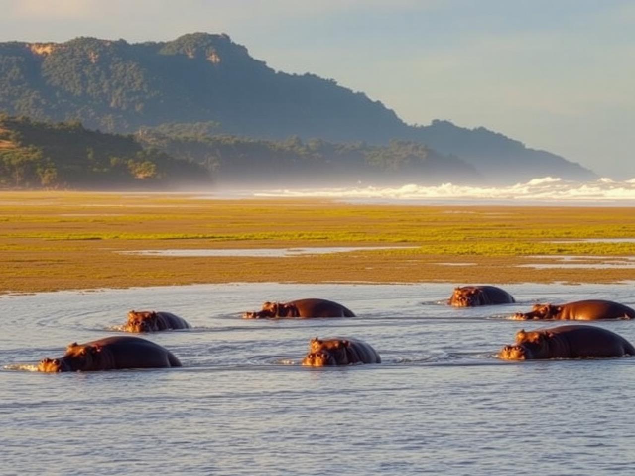 Hippos in the iSimangaliso Wetland Park estuary at sunrise in KwaZulu-Natal